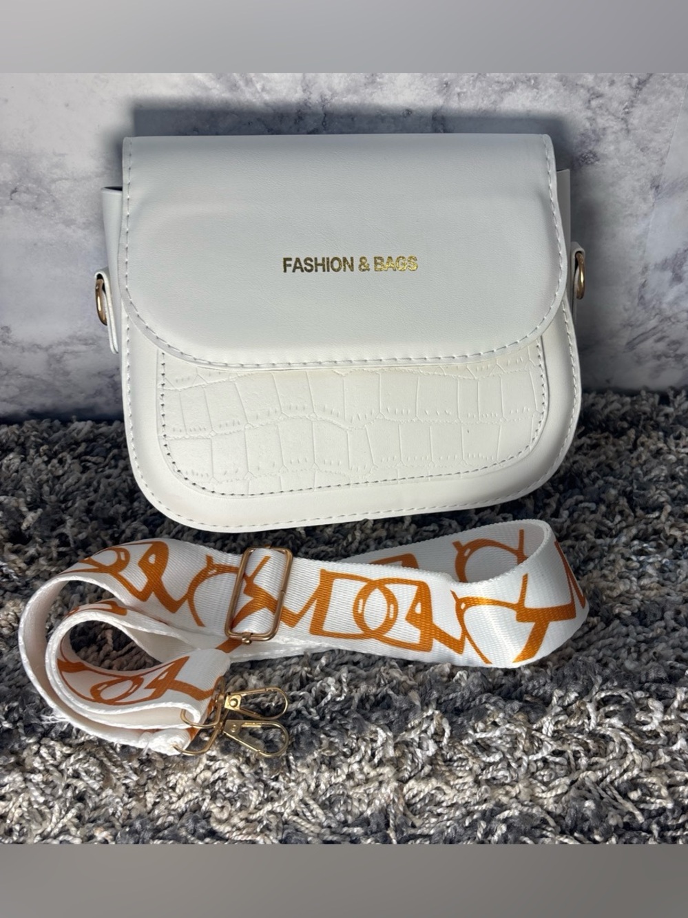 White Crossbody with Patterned Orange Strap